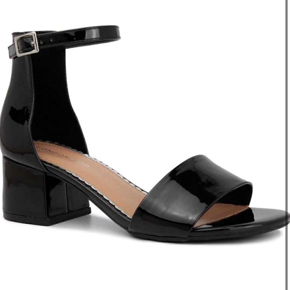 LONDON FOG Nikki Low Block Heel Shoe Ankle Strap Open Toe Shiny Pump Sandal